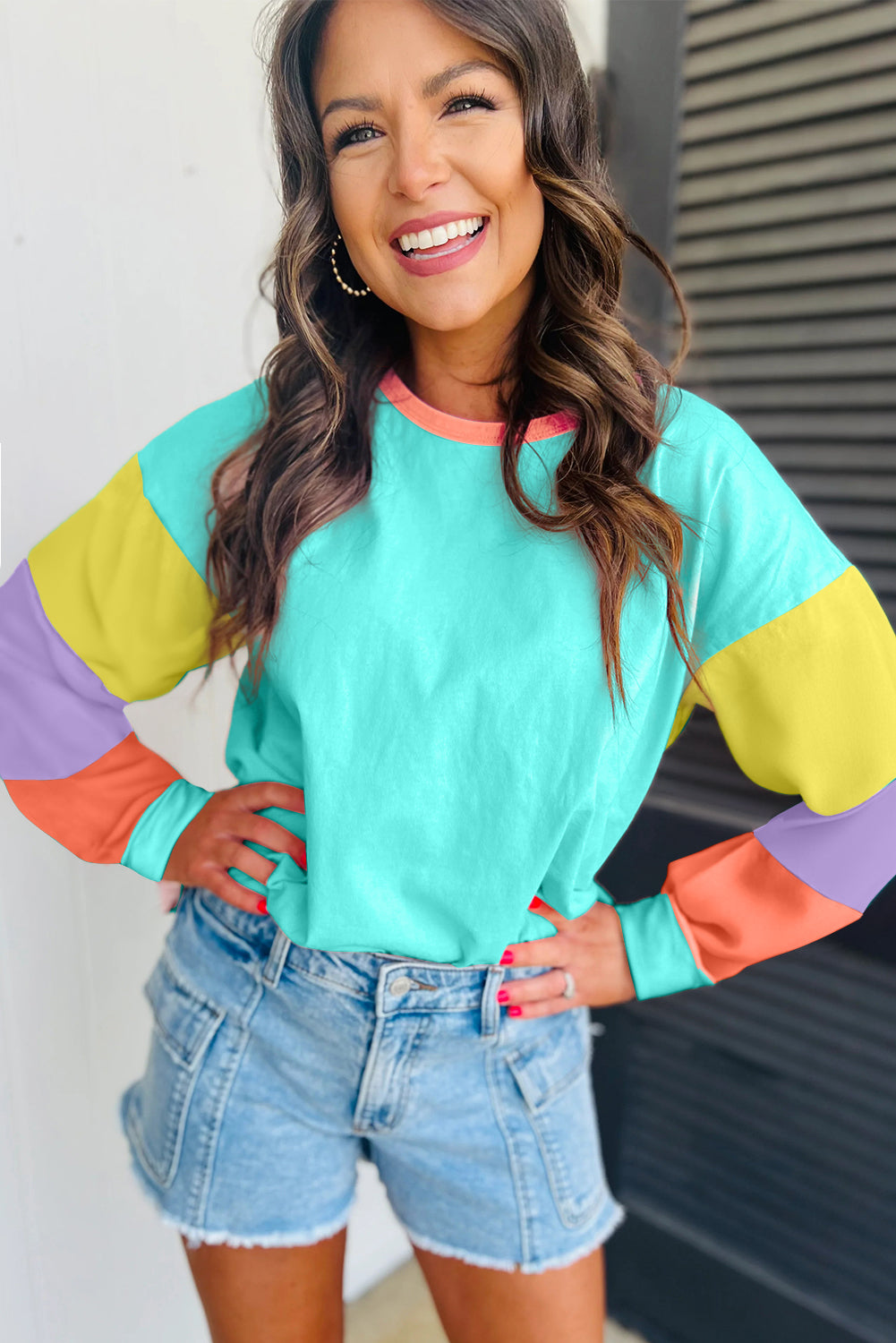 Light Blue Colorblock  Loose Top