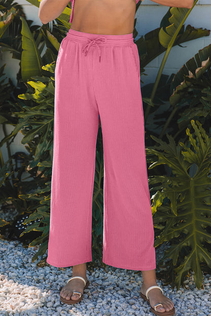 Bright Pink Solid Corded Knit Short Sleeve T Shirt and Wide Leg Pants Set. GCollection
