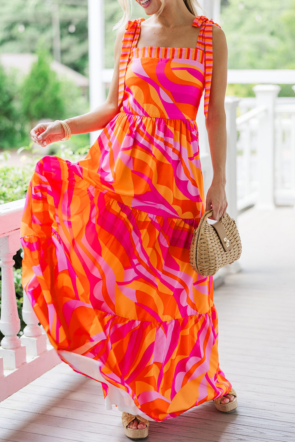 Red Abstract Print Knotted Shoulder High Waist Maxi Dress. GCollection