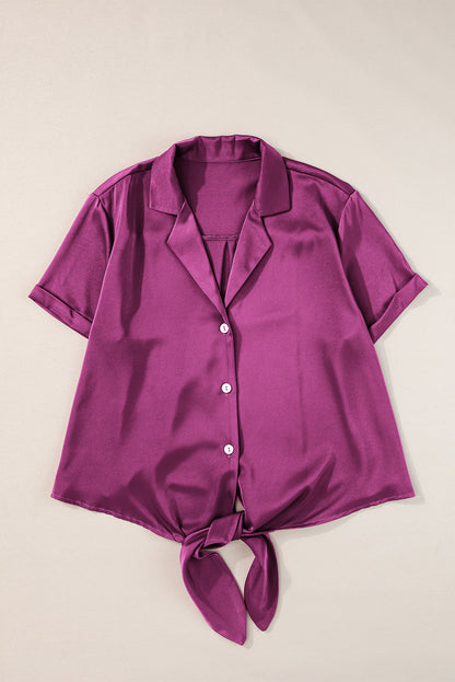 Purple Short Sleeve Satin Shirt. GCollection