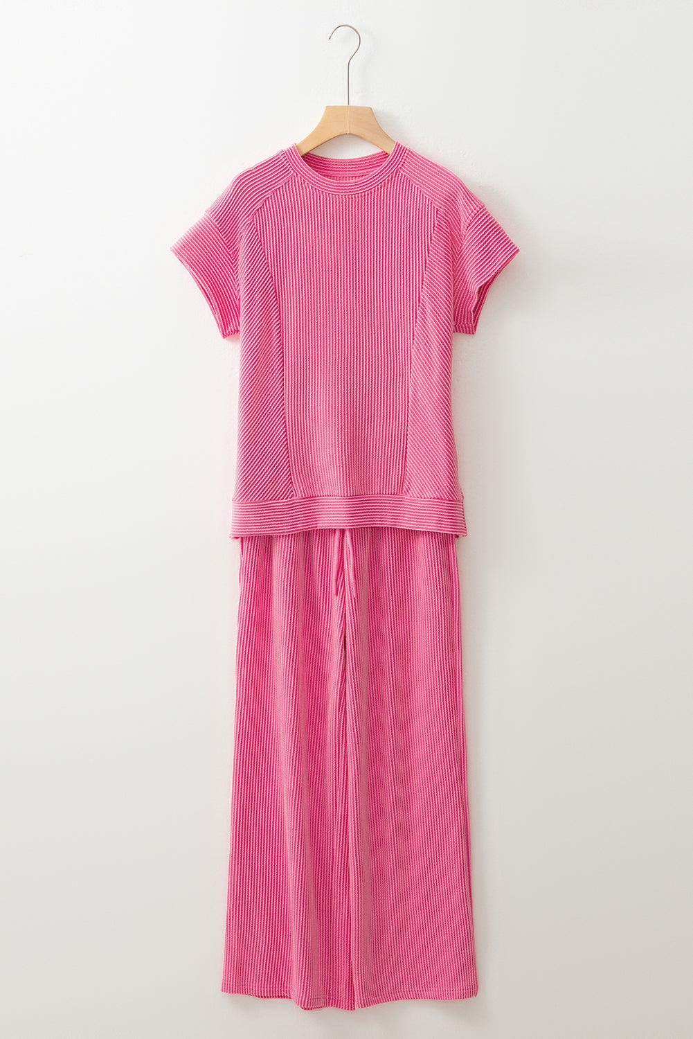 Bright Pink Solid Corded Knit Short Sleeve T Shirt and Wide Leg Pants Set. GCollection