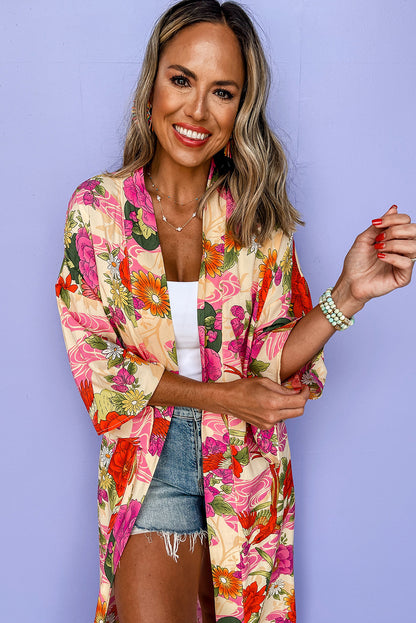 Pink Floral Allover Print Open Front Belted Duster Kimono. GCollection