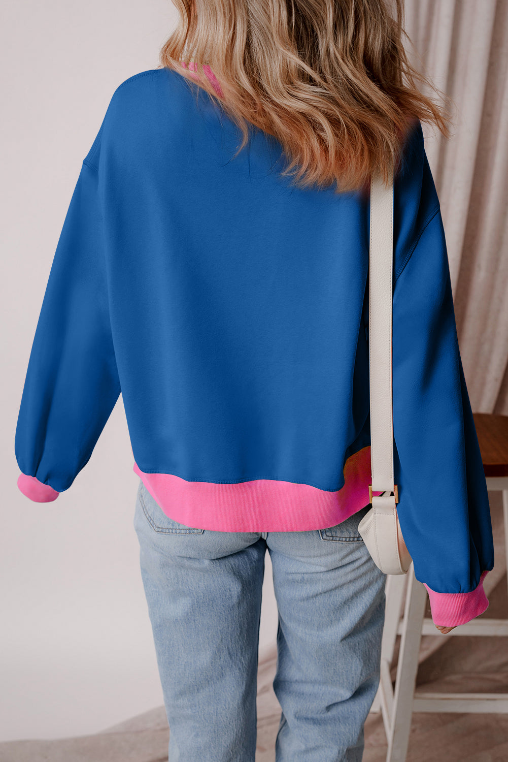 Blue Colorblock Bubble Sleeve Sweatshirt. GCollection