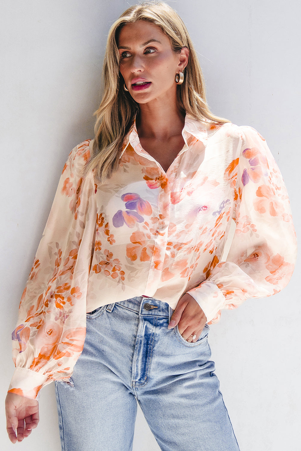 White Floral Print Balloon Sleeve Loose Shirt. GCollection