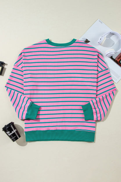 Pink Stripe Waffle Knit Crew Neck Plus Size Sweatshirt. PS Collection