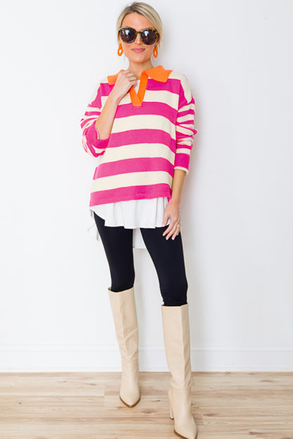 Rose Stripe Color Block Collared V Neck Drop Shoulder Sweater. GCollection