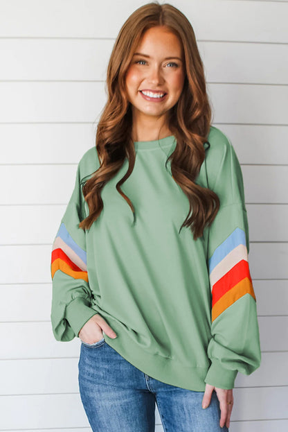 Rainbow Striped Sleeve Crew Neck Loose Sweatshirt. GCollection