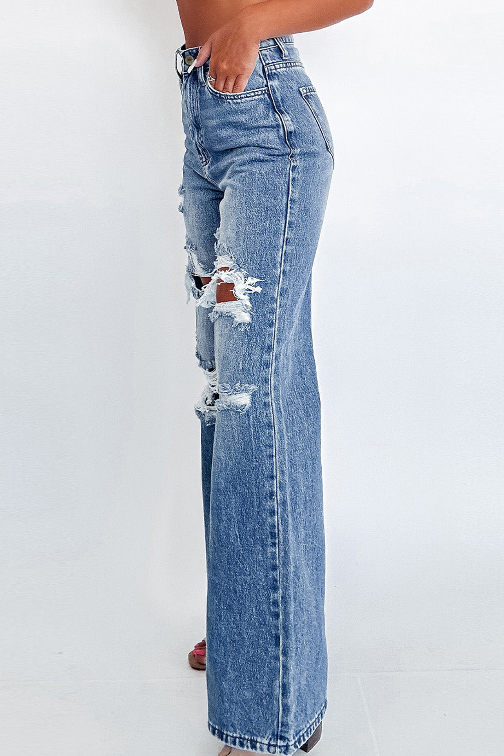 Blue Acid Wash Distressed Wide Leg High Waist Jeans. GCollection