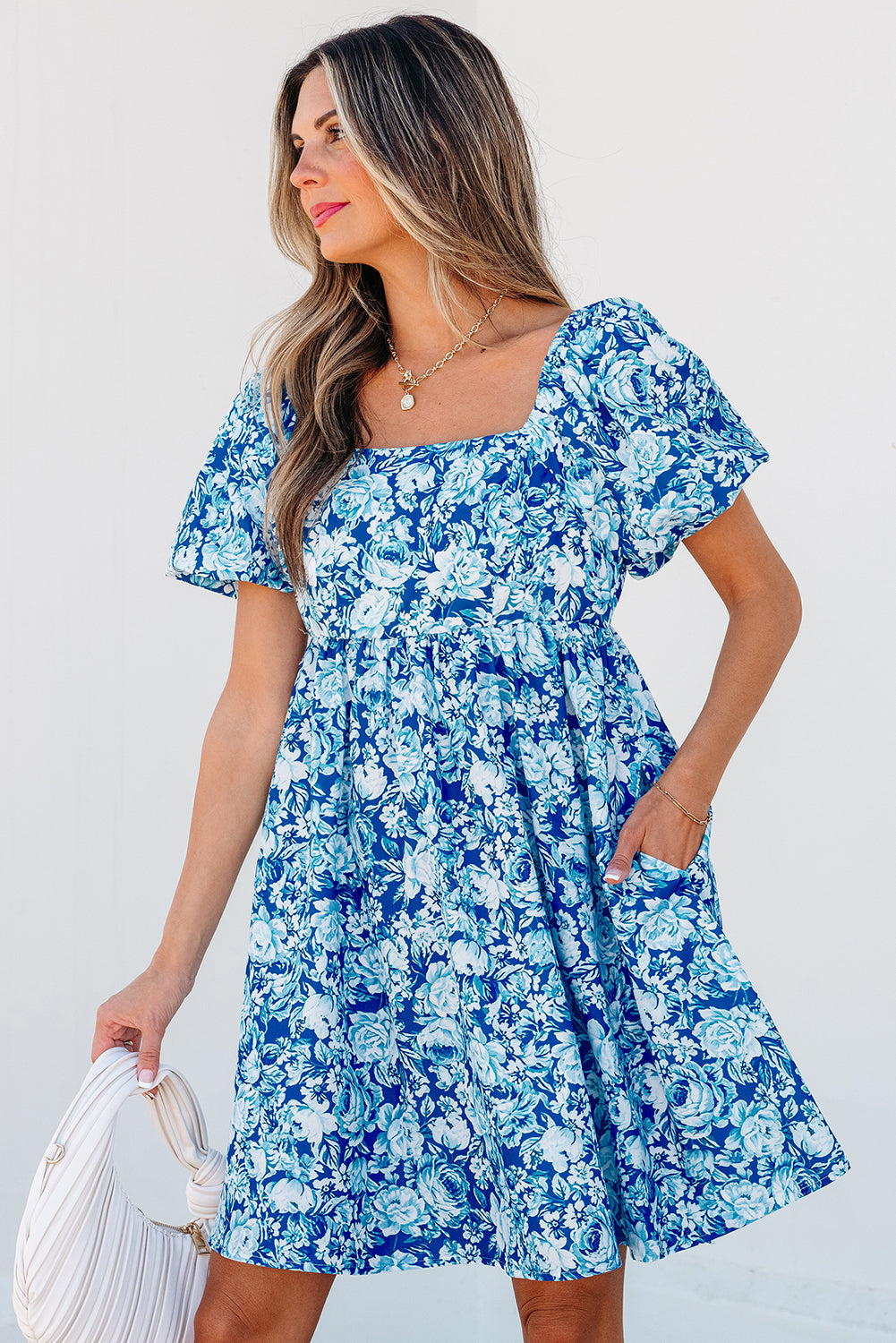 Blue Floral Puff Sleeve Babydoll Dress. GCollection