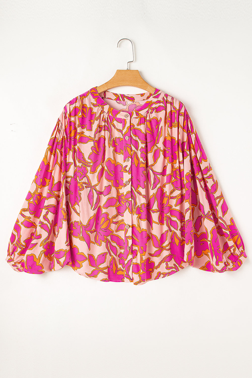 Pink Floral Print Batwing Sleeve Buttoned Loose Fit Shirt. GCollection