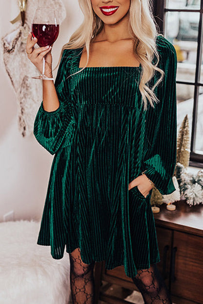 Green Square Neck Velvet Babydoll Dress. GCollection