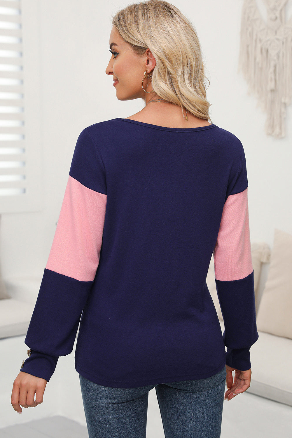 Blue Stripe Colorblock V Neck Top. GCollection