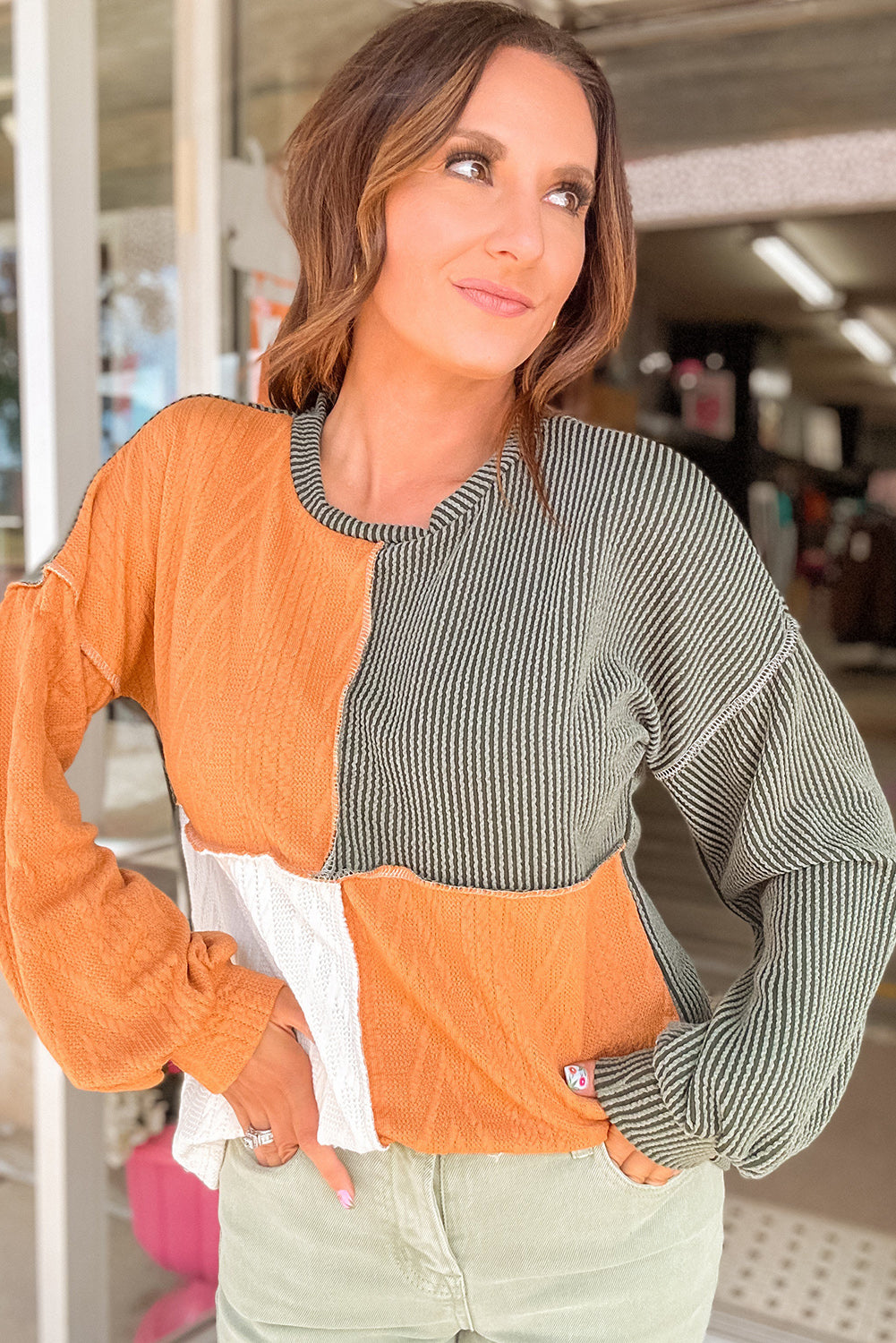 Orange Mixed Texture Color Block Long Sleeve Top. GCollection