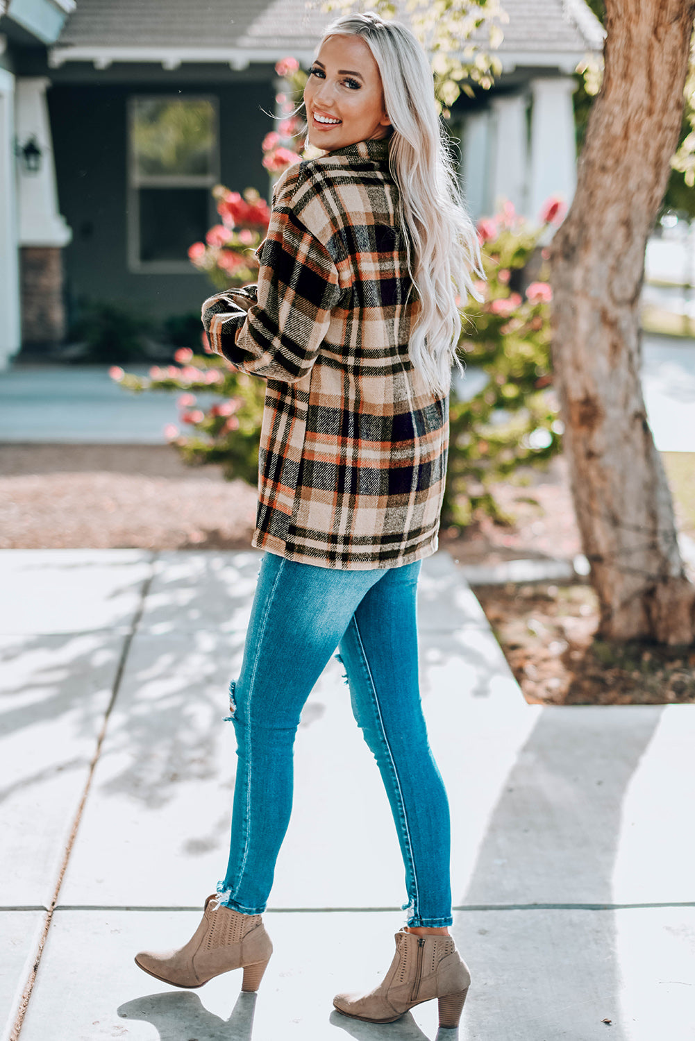 Orange Geometric Plaid Pocketed Shacket. GCollection