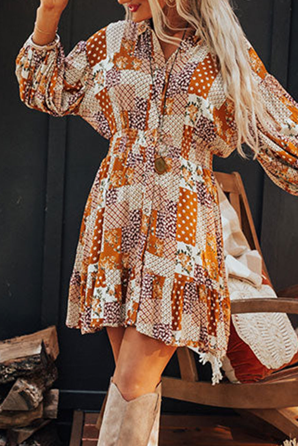 Orange Boho Floral Puff Sleeve Smocked Waist Mini Shirt Dress. GCollection