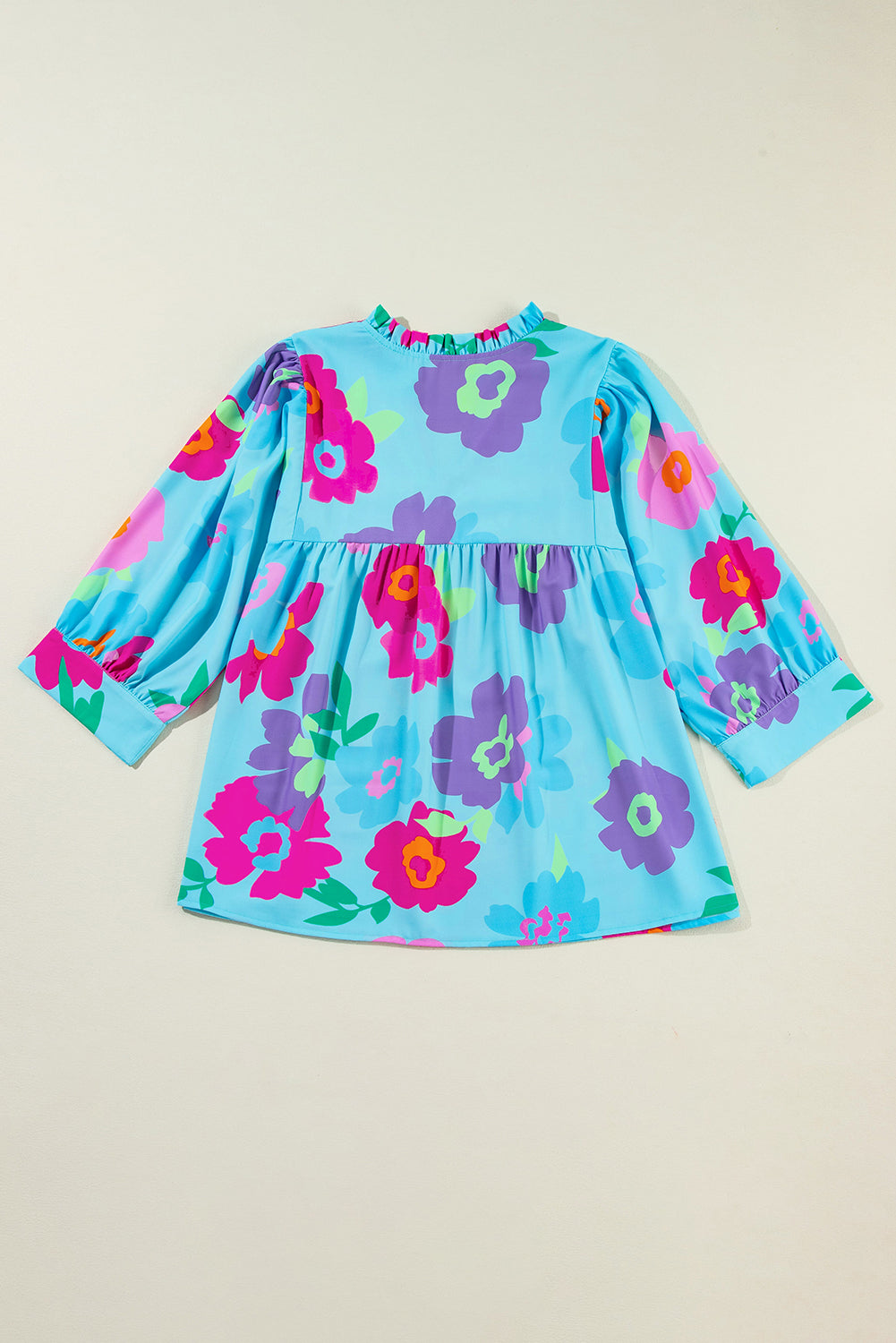 Light Blue Floral Print  V Neck Babydoll Blouse. PSCollection