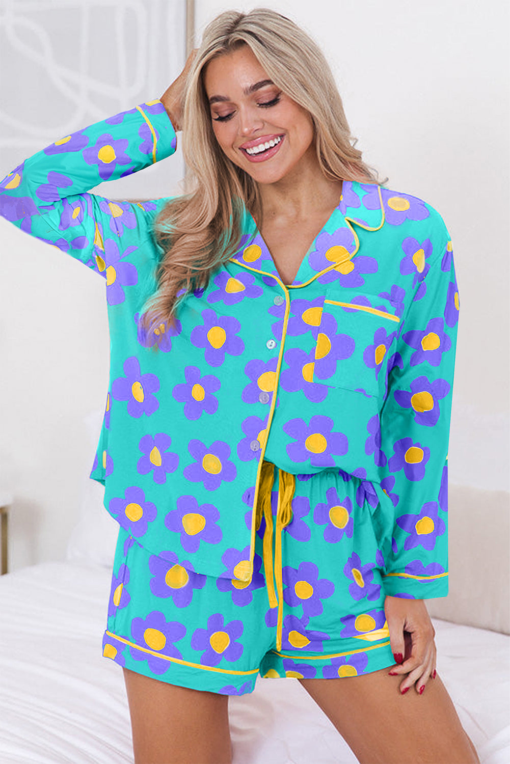 Teal Flower Print Long Sleeve Pajamas Set. GCollection