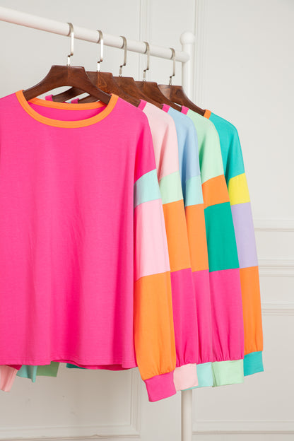 Rose Colorblock Long Sleeve Loose Top. GCollection