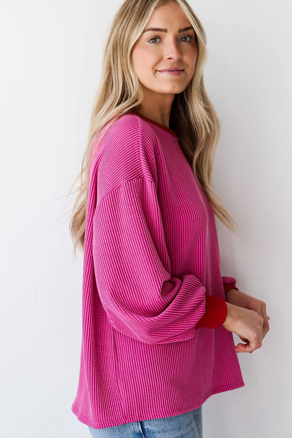 Bright Pink Corded Contrast Long Sleeve Top. GCollection