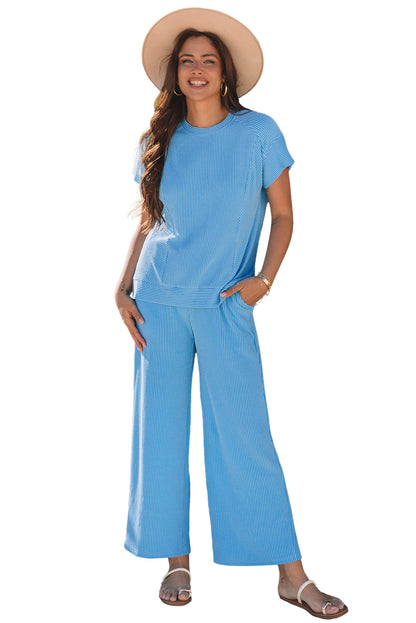 Blue Solid Corded Knit Short Sleeve Set. GCollection
