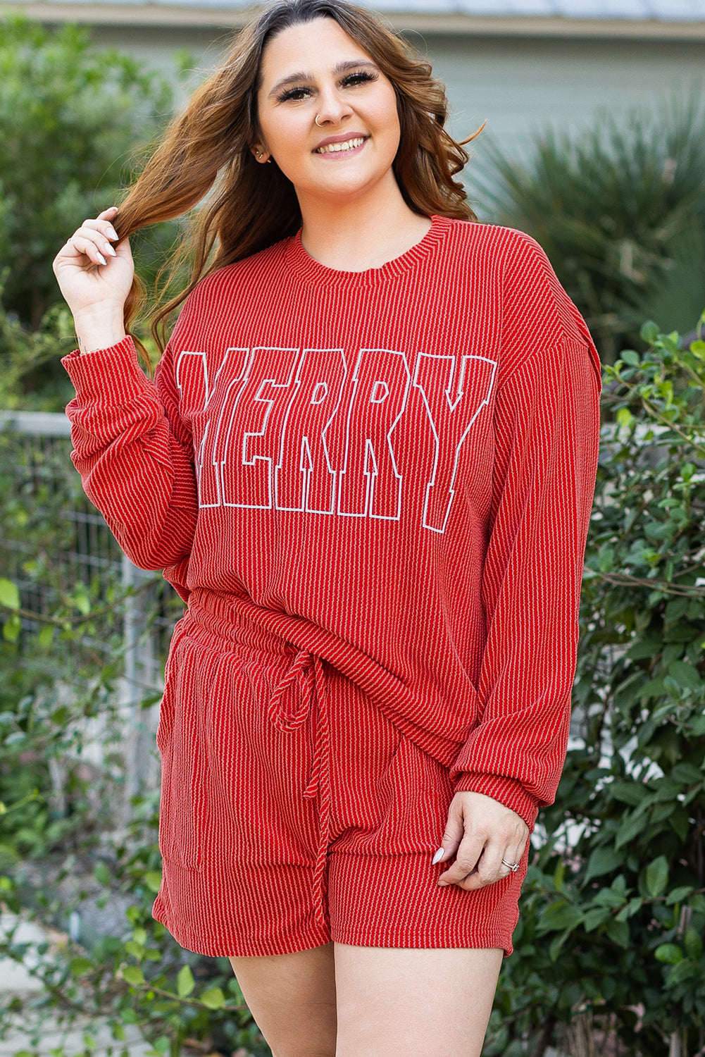 Red MERRY Ribbed Knit Long Sleeve Plus Size Set. GCollection