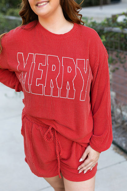 Red MERRY Ribbed Knit Long Sleeve Plus Size Set. GCollection