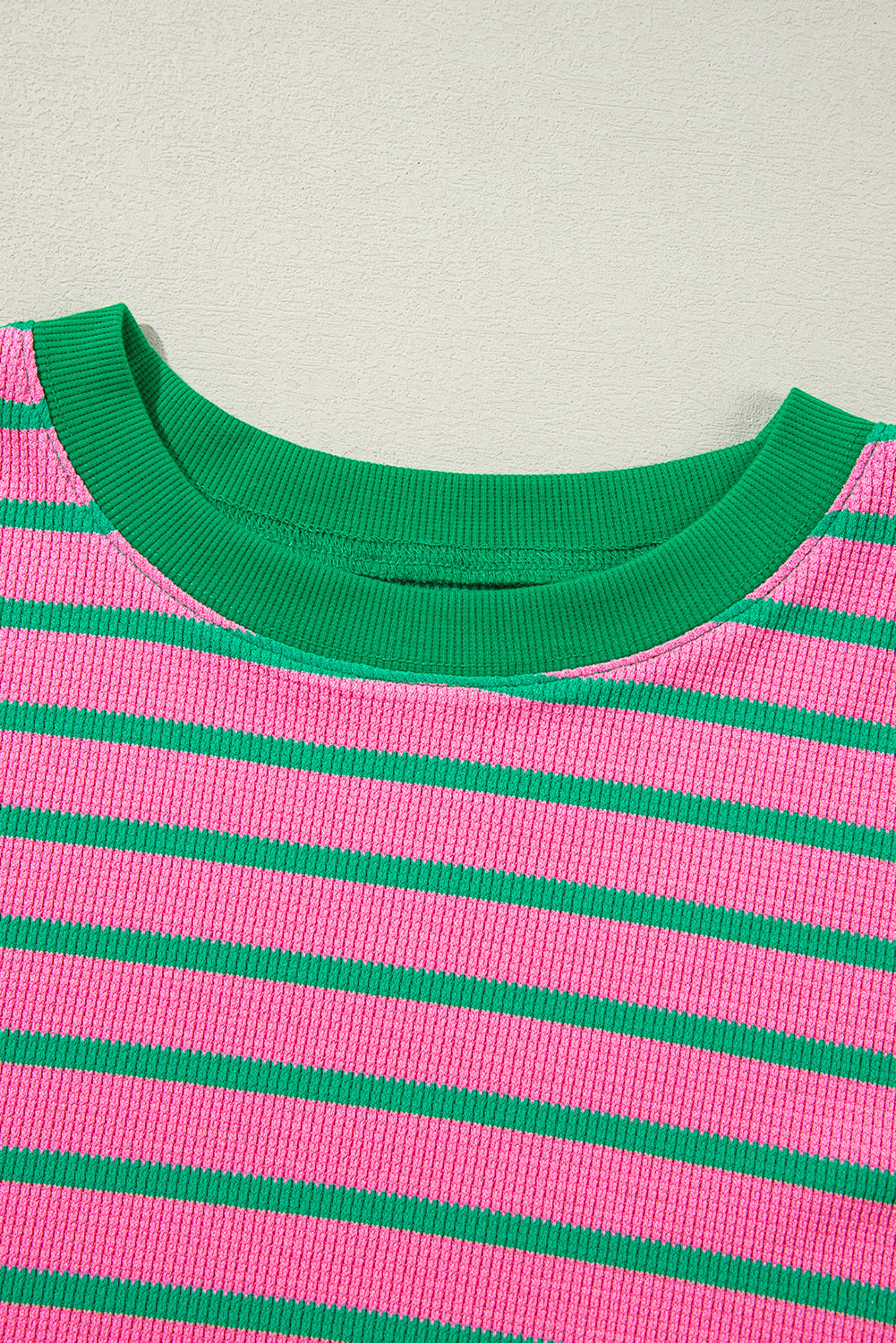 Pink Stripe Waffle Knit Crew Neck Plus Size Sweatshirt. PS Collection