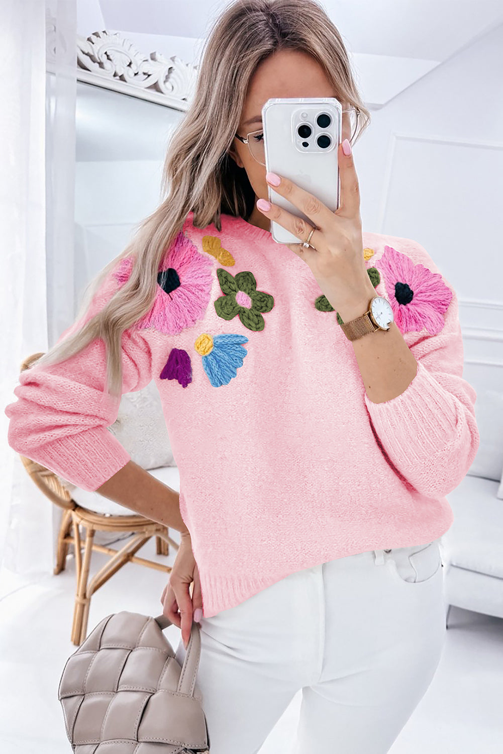 Pink Knitted Flower Pattern Sweater. GCollection