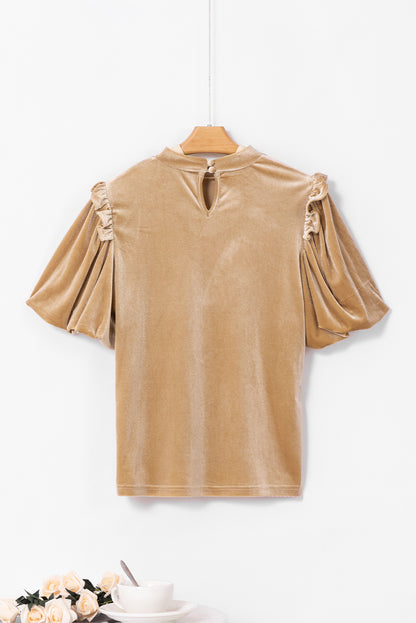 Beige Frilly Puff Sleeve Velvet Blouse. GCollection