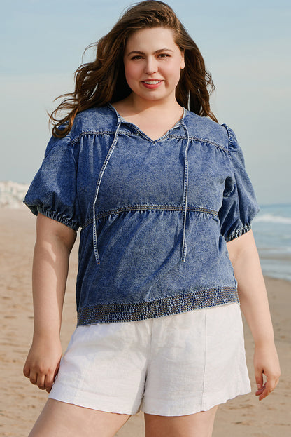Sail Blue Plus  V Neck Puff Sleeve Denim Blouse. PSCollection