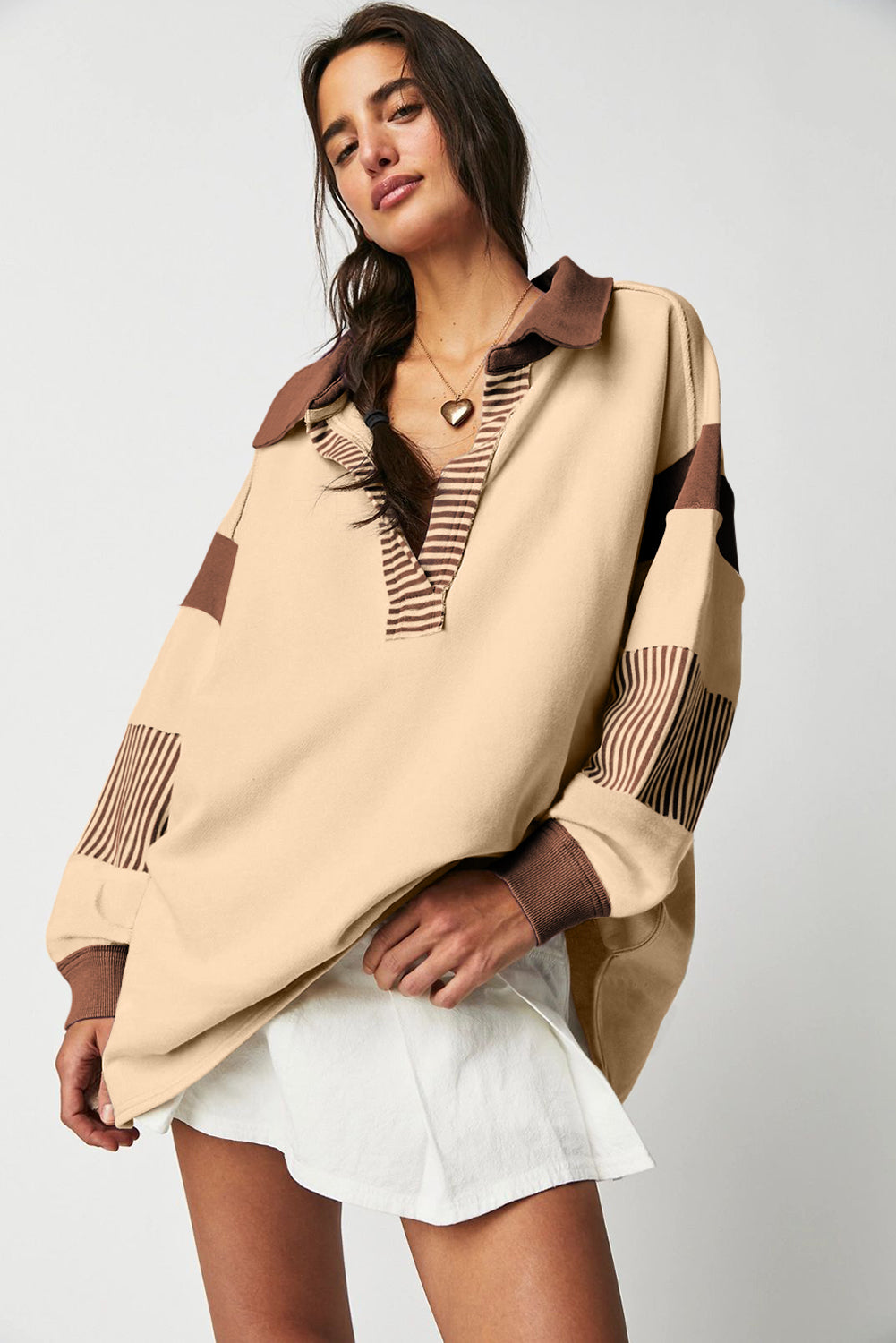 Light French Beige Striped Colorblock Patchwork Collar Sweatshirt. GCollection