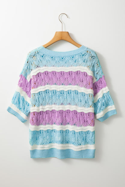 Purple Stripe Crochet Half Sleeve Sweater. GCollection