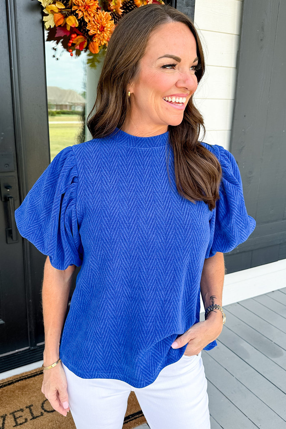 Blue Solid Textured Blouse. GCollection