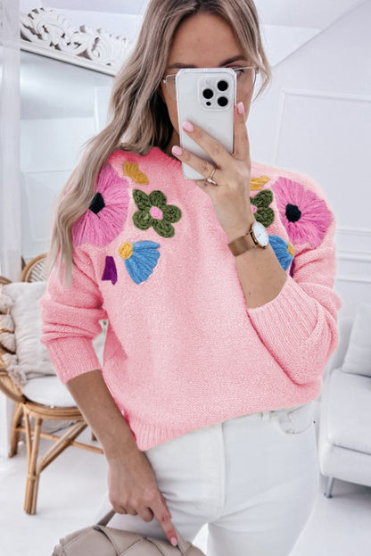 Pink Knitted Flower Pattern Sweater. GCollection