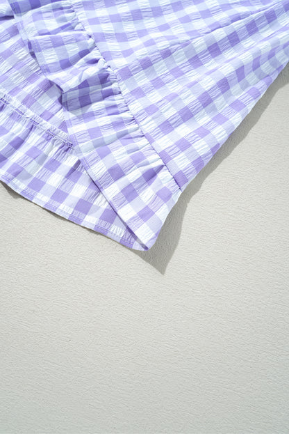 Plaid Ruffle Wide Short Sleeve Babydoll Mini Dress. GCollection