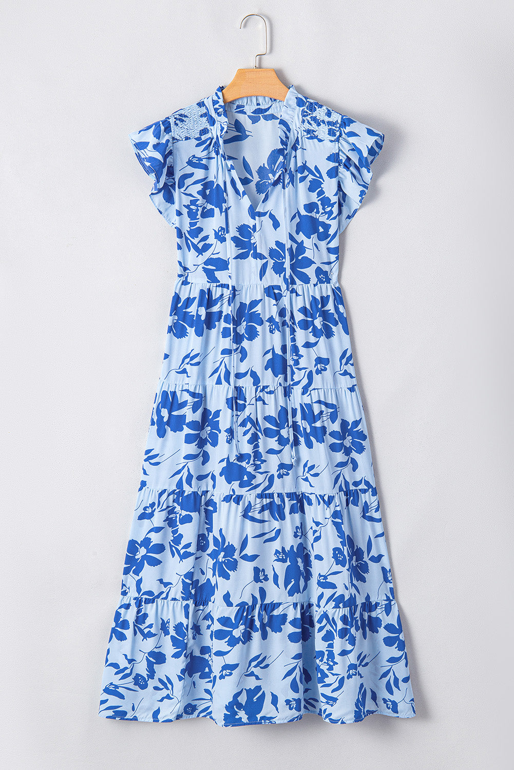 Sky Blue Floral Print Tiered Maxi Dress. GCollection