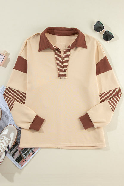 Light French Beige Striped Colorblock Patchwork Collar Sweatshirt. GCollection