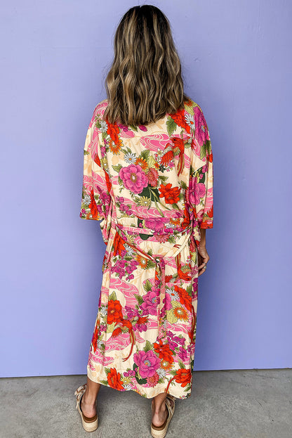 Pink Floral Allover Print Open Front Belted Duster Kimono. GCollection