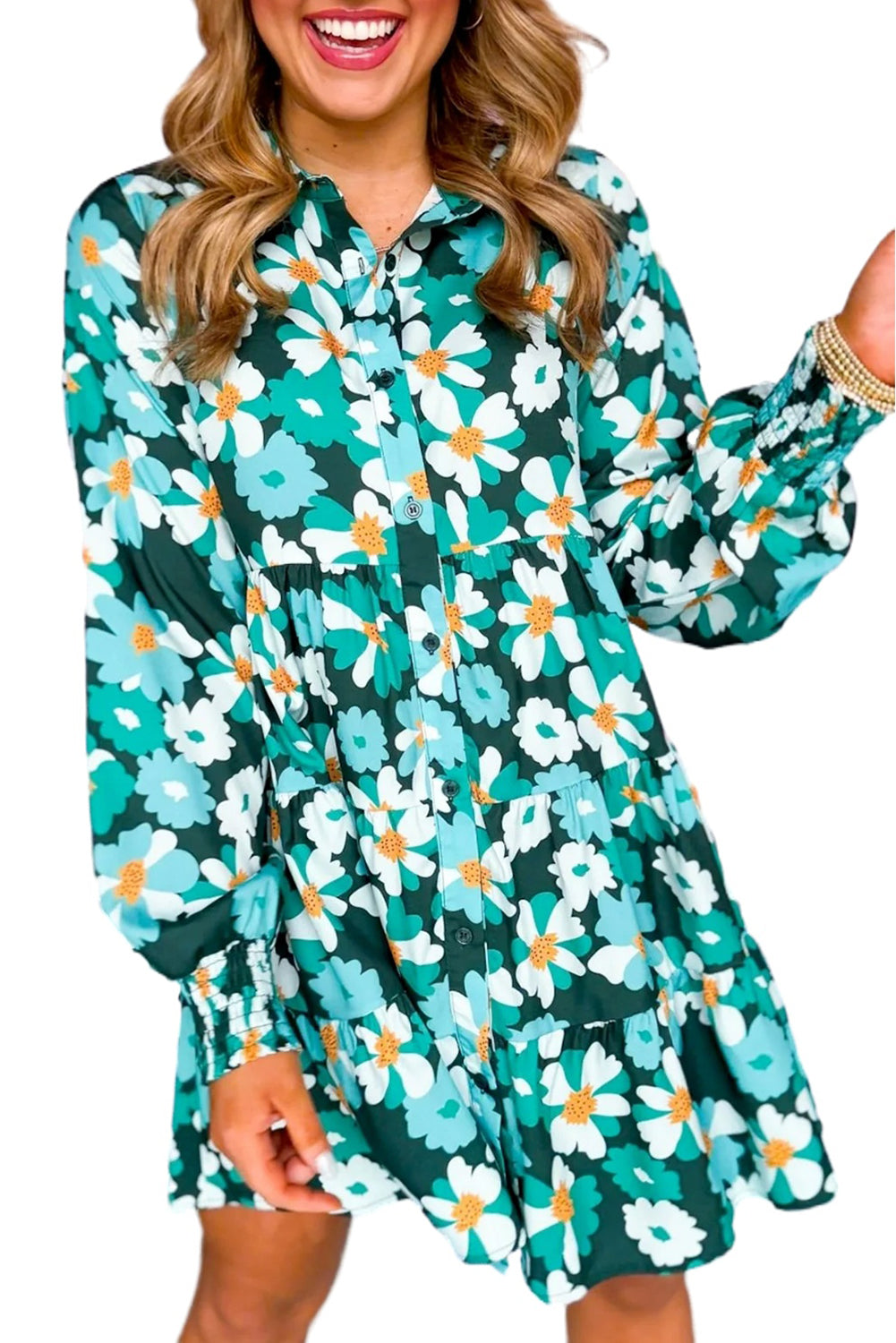 Green Floral Long Puff Sleeve Dress. GCollection