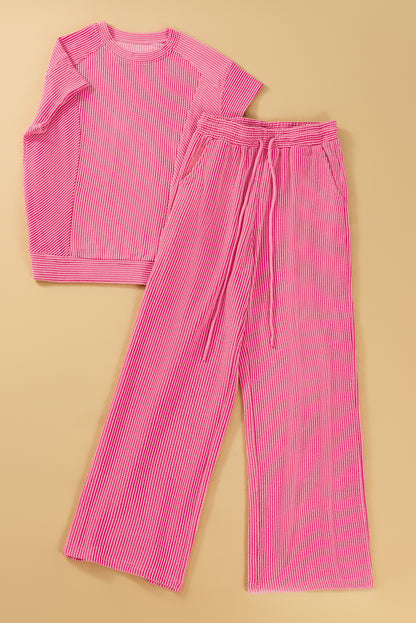 Bright Pink Solid Corded Knit Short Sleeve T Shirt and Wide Leg Pants Set. GCollection