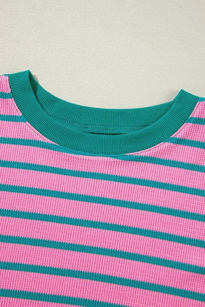 Pink Stripe Waffle Knit Crew Neck Plus Size Sweatshirt. PS Collection