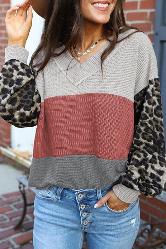 Leopard Contrast Sleeve Colorblock Waffle Knit Top. GCollection