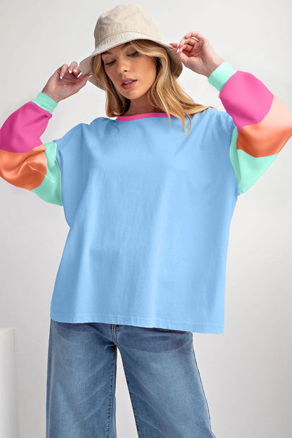 Dark Blue Colorblock Long Sleeve Loose Top. GCollection