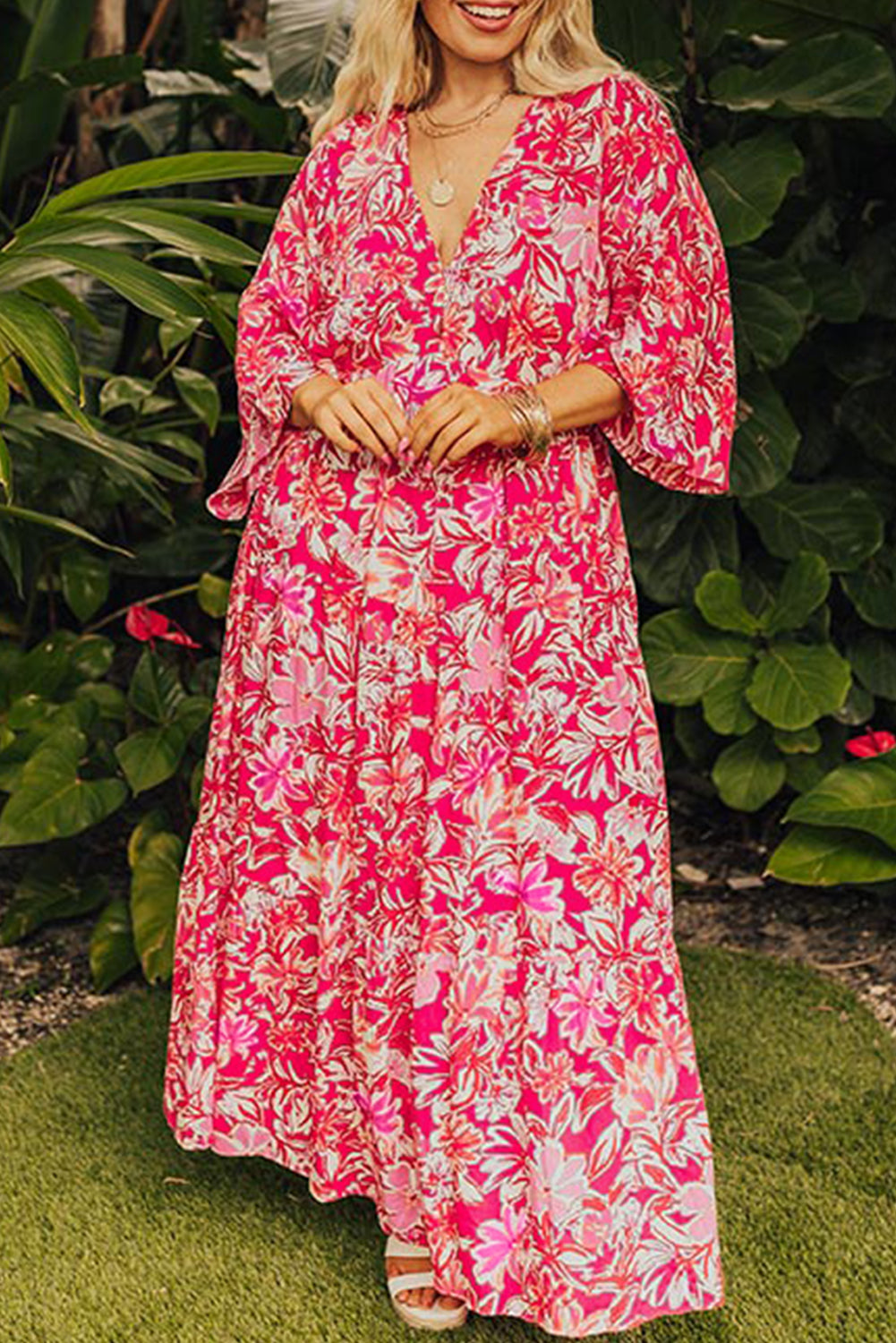 Rose Plus Size Floral V Neck Wide Sleeve Maxi Dress. PSCollection