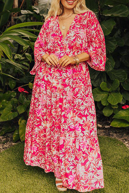 Rose Plus Size Floral V Neck Wide Sleeve Maxi Dress. PSCollection