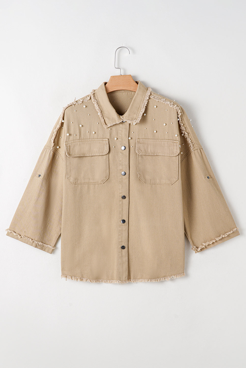 Khaki Pearl Beaded Button Up Denim Jacket. GCollection