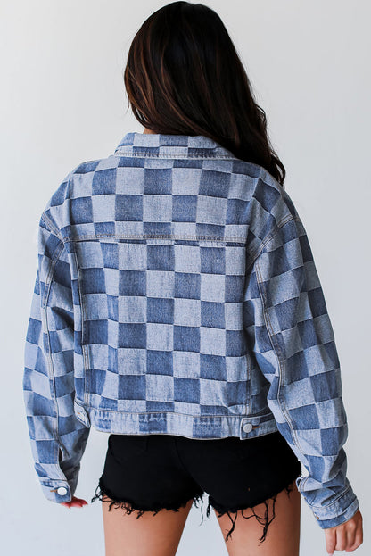 Light Blue Checkered Button up Denim Jacket. GCollection