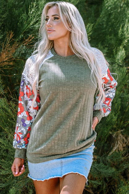 Green Floral Long Sleeve Ribbed Top. GCollection