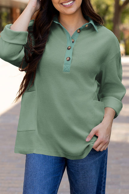 Smoke Green Waffle Half Button Loose Top. GCollection