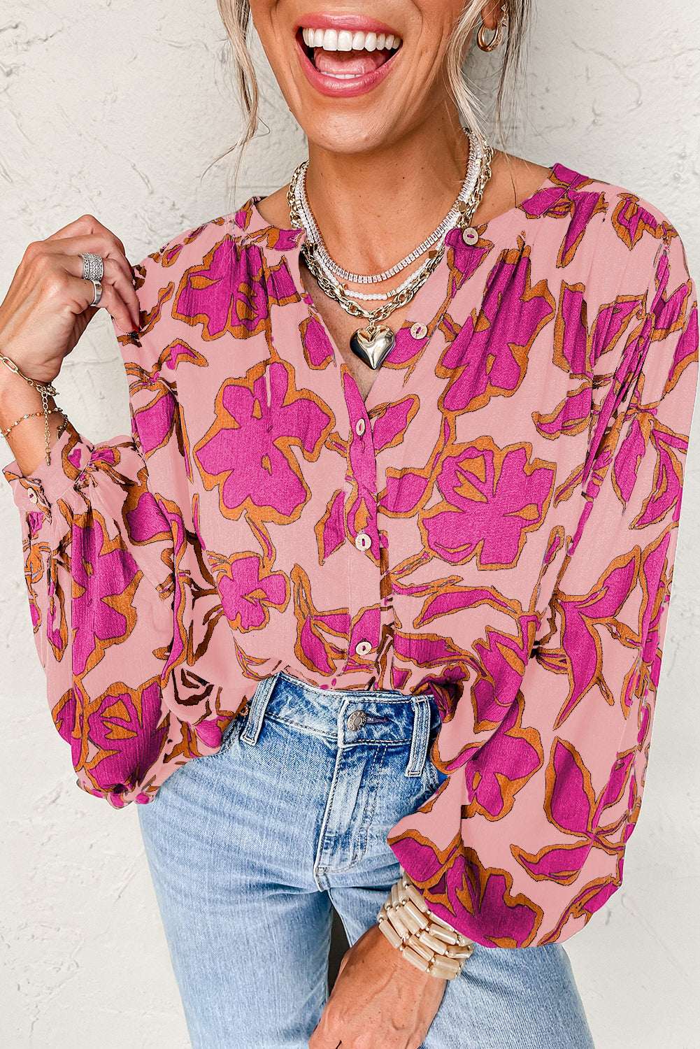 Pink Floral Print Batwing Sleeve Buttoned Loose Fit Shirt. GCollection